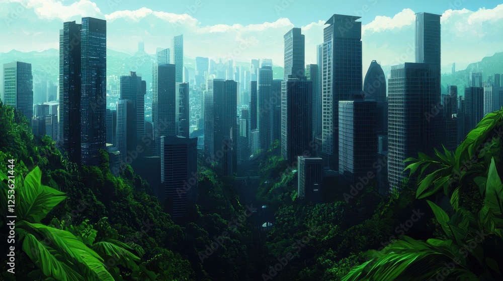 Obraz premium Lush Green Jungle Surrounding Modern Urban Cityscape in Daylight