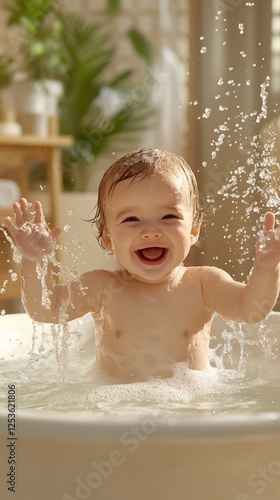 Happy baby bath time, home, plants