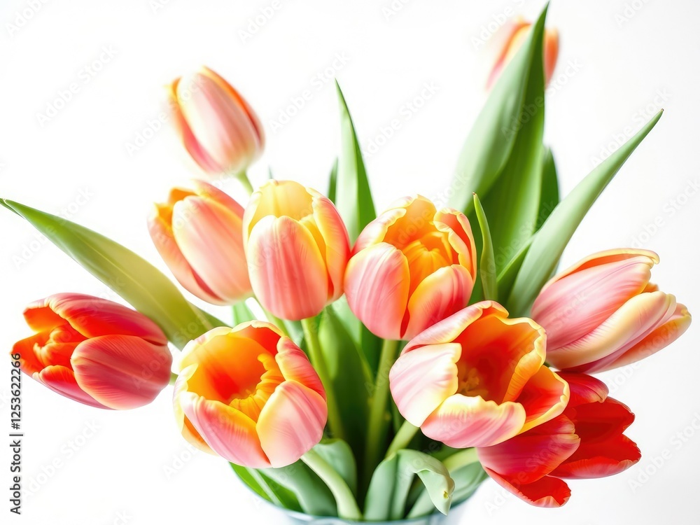 Vase filled with vibrant multicolored tulips in various stages of bloom, set against a crisp white background, spring flowers, tulip bouquet Vase filled with vibrant multicolored tulips in various stages of bloom, set against a crisp white background, spring flowers, tulip bouquet