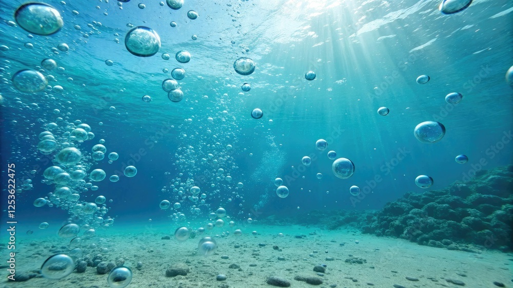 Underwater scene features a vast array of blue and cyan bubbles rising from the seafloor, creating an ethereal ambiance, underwater, abyssal plain, seaweed Underwater scene features a vast array of blue and cyan bubbles rising from the seafloor, creating an ethereal ambiance, underwater, abyssal plain, seaweed