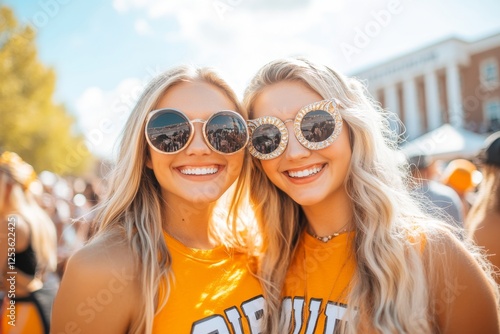 A fraternity and sorority members celebrating a college event with Greek letters on their shirts