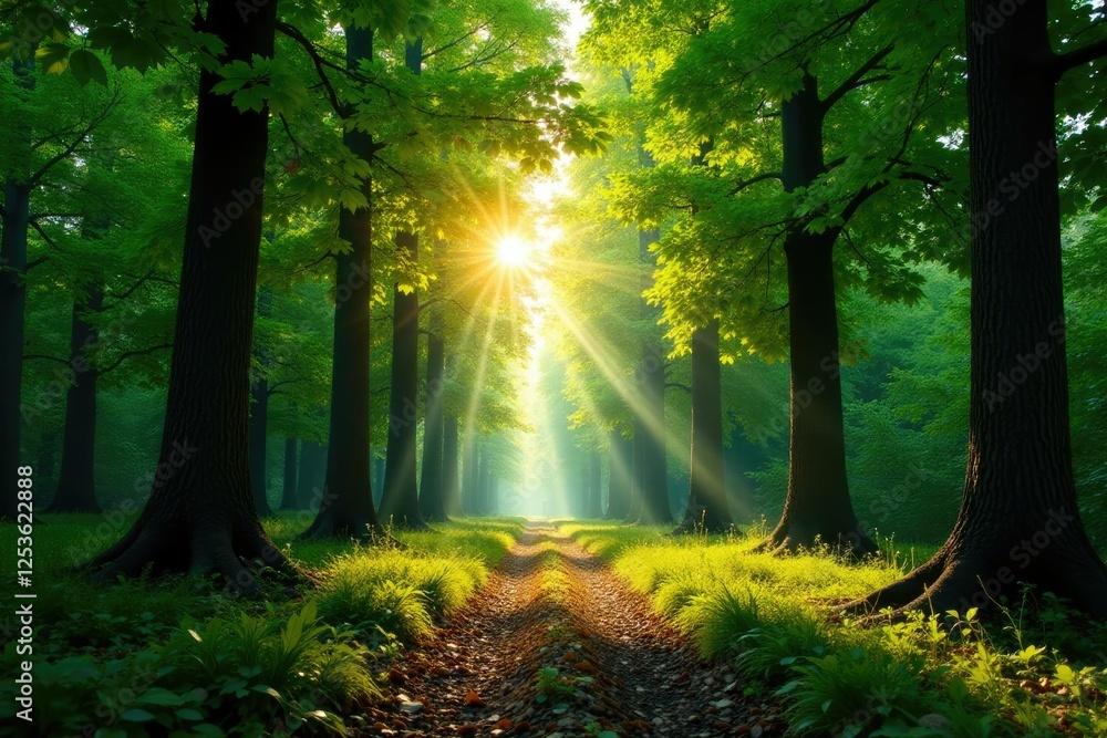 Obraz premium Tall trees with sunlight filtering through the leaves, nature, ecology