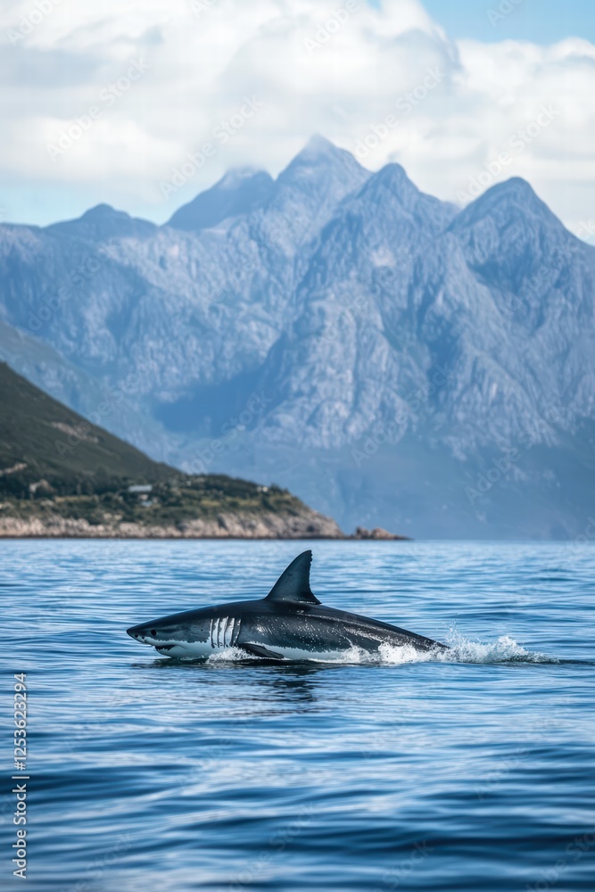 Fototapeta premium Majestic Shark Swimming in Calm Waters with Mountain Backdrop