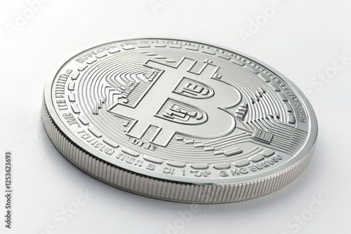 Close-Up of Detailed Bitcoin Coins in Shimmering  Platinum Finishes on a White Background, Ideal for Representing Cryptocurrency Themes, Digital Investment, and Modern Finance Concepts 