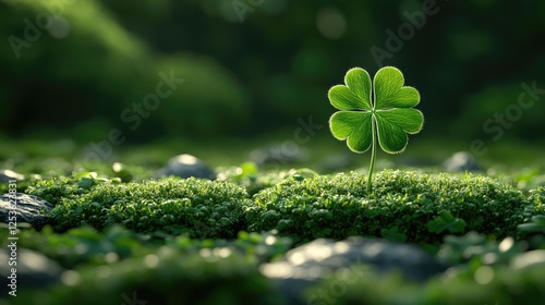 A close-up of a four-leaf clover on lush green moss, symbolizing luck and nature's beauty.