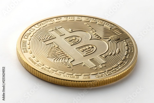 Close-Up of a Detailed Bitcoin Coin in Shimmering Gold Finish on a White Background, Ideal for Representing Cryptocurrency Themes, Digital Investment, and Modern Finance Concepts 