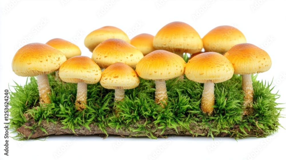 Cluster of Yellow and Brown Mushrooms Growing on Green Moss in a Natural Environment Cluster of Yellow and Brown Mushrooms Growing on Green Moss in a Natural Environment