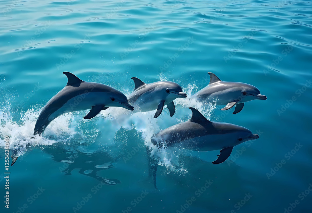 Obraz premium A Delightful Encounter: Four Dolphins Leaping Joyfully in the Ocean