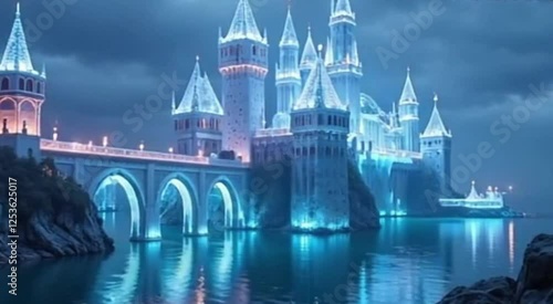 Majestic castles made of glowing crystals hover over a tranquil sea, connected by shimmering light bridges that fade into the clouds