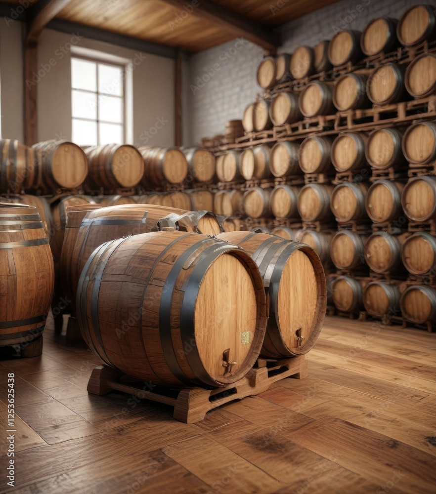 Wooden wine barrels stacked haphazardly on a wooden floor, equipment, crates, fermentation Wooden wine barrels stacked haphazardly on a wooden floor, equipment, crates, fermentation