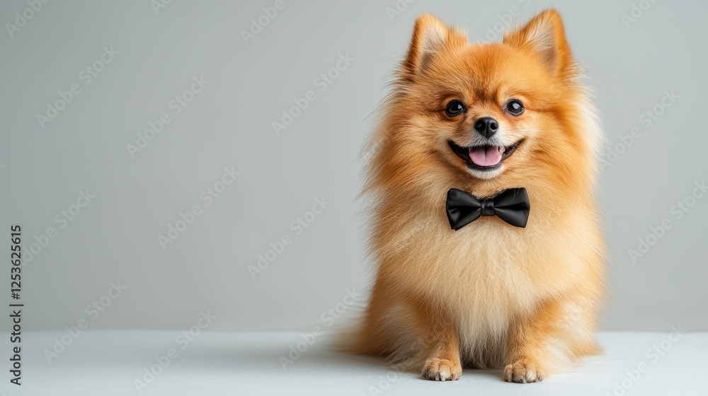 Fluffy pomeranian puppy in bow tie studio setting pet portrait adorable and playful vibe Fluffy pomeranian puppy in bow tie studio setting pet portrait adorable and playful vibe