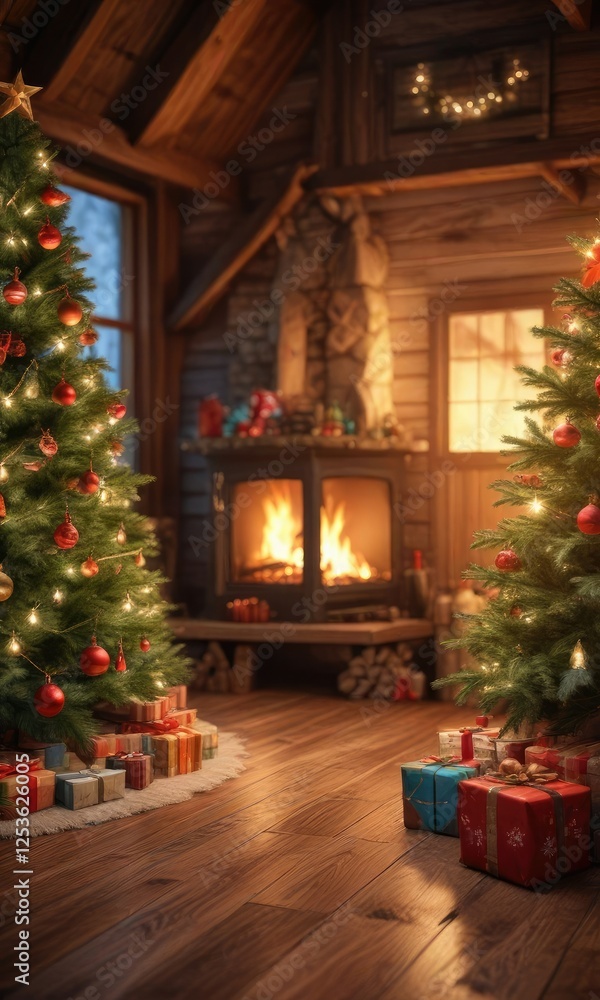 Wooden cabin with a fire burning and a Christmas package on the floor next to a decorated Christmas tree, tree, cabin Wooden cabin with a fire burning and a Christmas package on the floor next to a decorated Christmas tree, tree, cabin