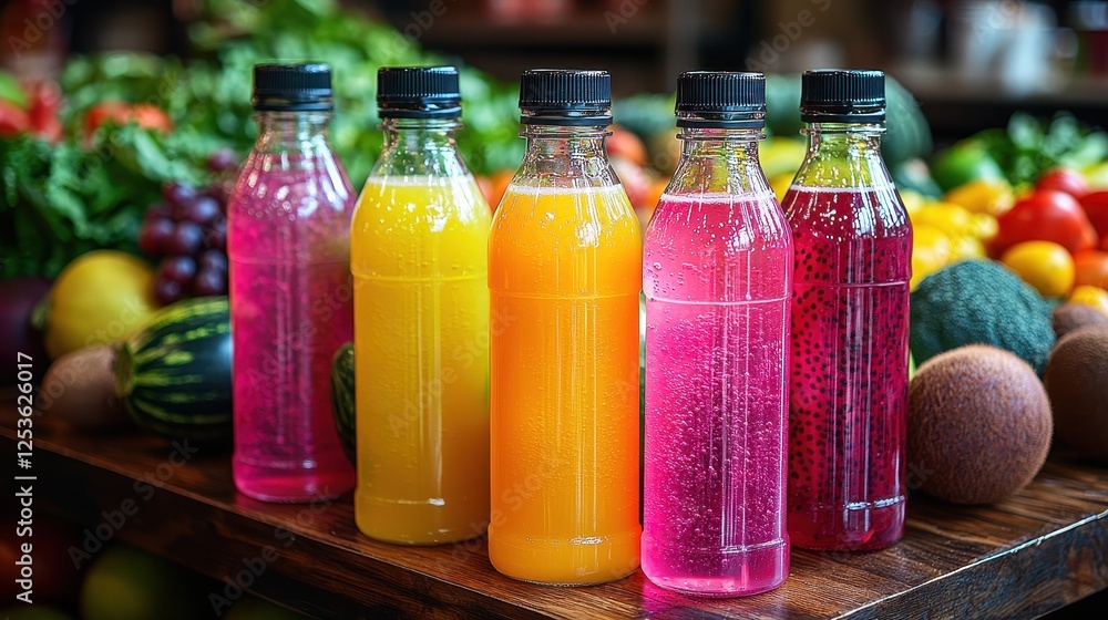 Four Colorful Fruit Juices in Bottles Displayed with Fresh Produce Healthy Refreshing Drinks Four Colorful Fruit Juices in Bottles Displayed with Fresh Produce Healthy Refreshing Drinks