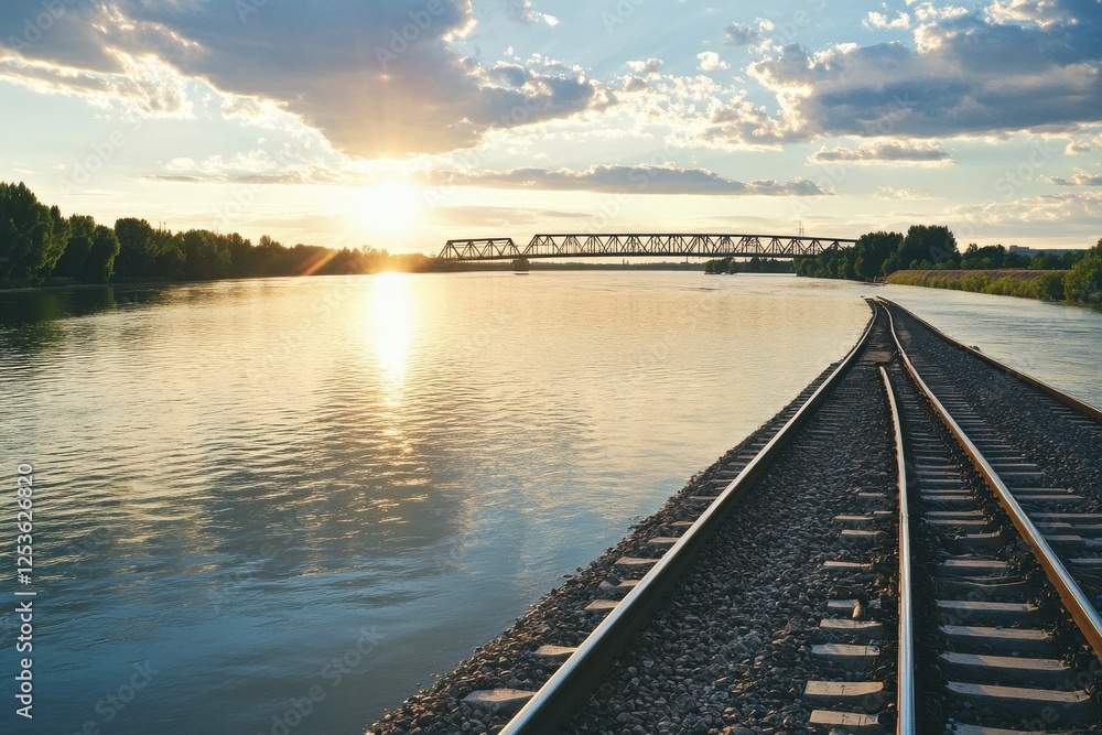 Obraz premium Serene River Sunset with Train Tracks and Bridge Reflection