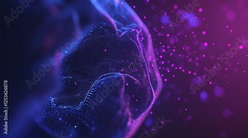 Abstract digital rendering of blue and purple particle cloud with bokeh effect