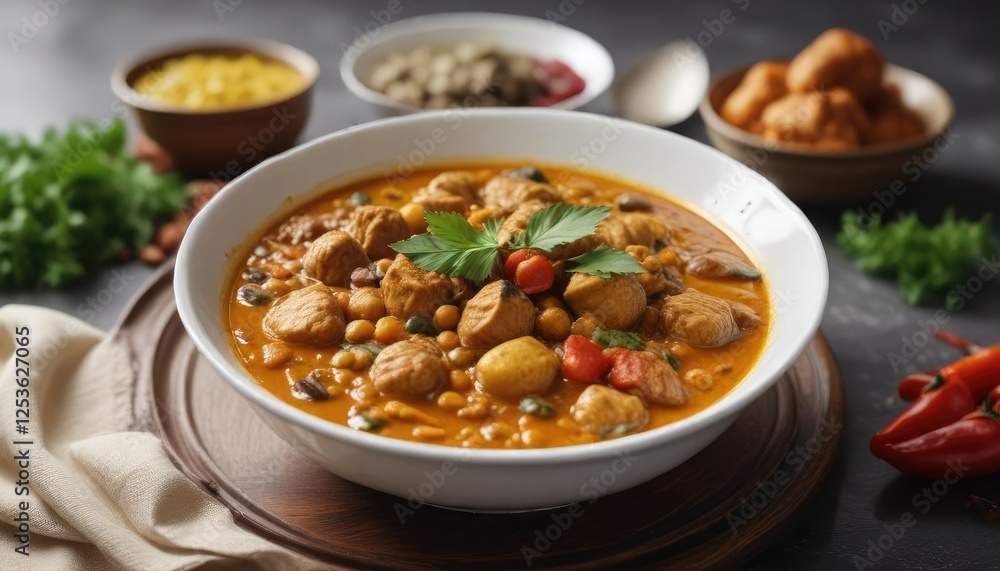 Whole Bengal gram curry in a white porcelain bowl, desi chana, chana masala, rice Whole Bengal gram curry in a white porcelain bowl, desi chana, chana masala, rice