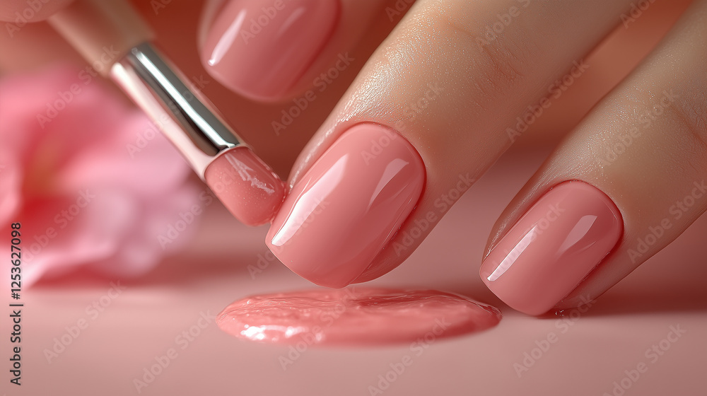 Obraz premium Close-up of Model Applying Glossy Nail Polish with Focus on Color and Brush