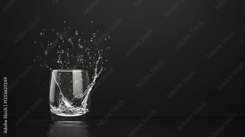 Water splashing from a glass on a dark table, clean and fresh, used to promote hydration and purity with background lighting Water splashing from a glass on a dark table, clean and fresh, used to promote hydration and purity with background lighting