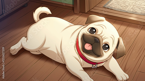 A playful anime pug dog lying on its back in front of a door on the floor with a happy expression and wiggling its body photo