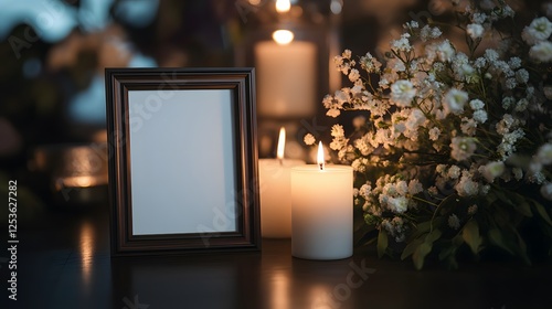 Sympathetic Funeral Decor with Photo Frame, White Flowers, and Candle, Elegant Tribute Arrangement