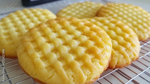 Freshly Baked Golden Brown Cookies with Crisscross Texture on Cooling Rack in Kitchen photo