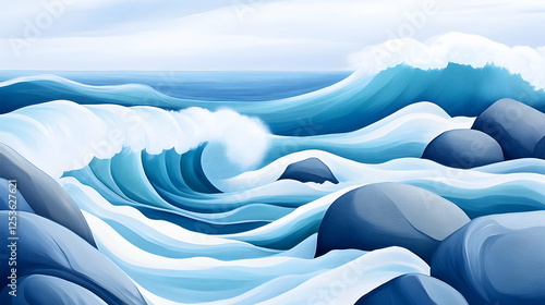 Waves crashing over rocks on beach, foam spraying. Ideal travel or coastal living scene. Relaxing, peaceful, and scenic backdrop