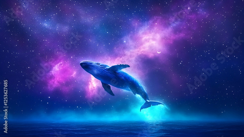 Whale breaches ocean under starry sky. Dreamlike backdrop ideal for fantasy, and exploration themes photo