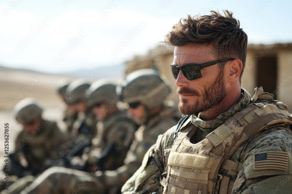 Fototapeta premium A military officer briefing soldiers with a serious and focused tone