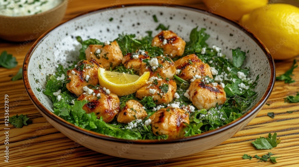 Grilled Fish Salad with Lemon and Fresh Herbs Served on a Rustic Wooden Table Grilled Fish Salad with Lemon and Fresh Herbs Served on a Rustic Wooden Table
