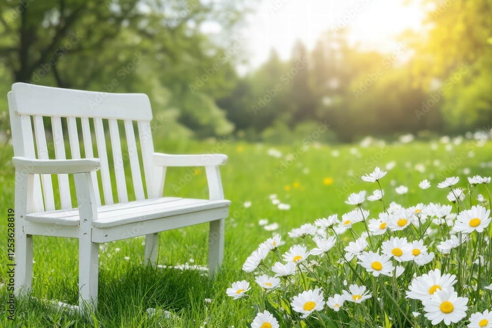 White Bench Surrounded by Blossoming Daisies in Bright Sunlight