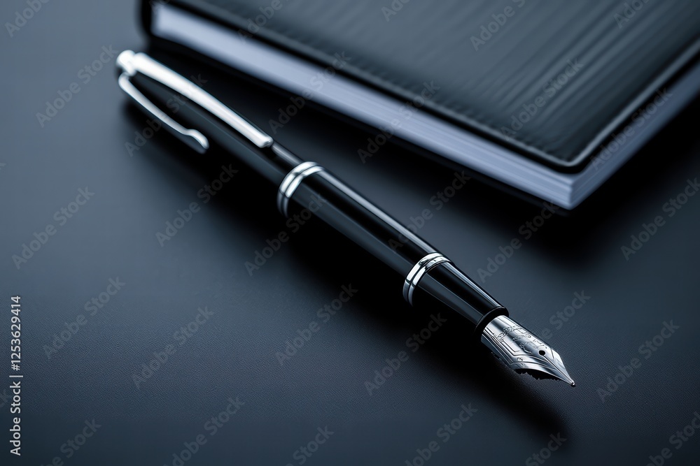 Elegant Fountain Pen on a Dark Background with a Notebook Elegant Fountain Pen on a Dark Background with a Notebook