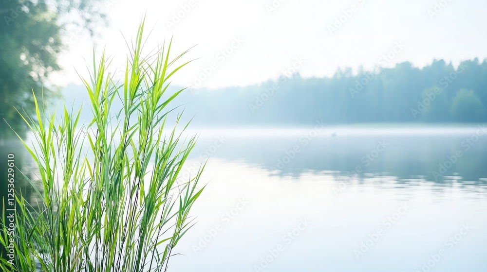 Fototapeta premium Green reeds grow on the shore of a calm, misty lake during a peaceful morning sunrise.
