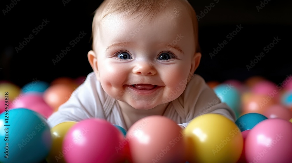 A baby is laying on a pile of colorful balls. The baby is smiling and he is happy A baby is laying on a pile of colorful balls. The baby is smiling and he is happy