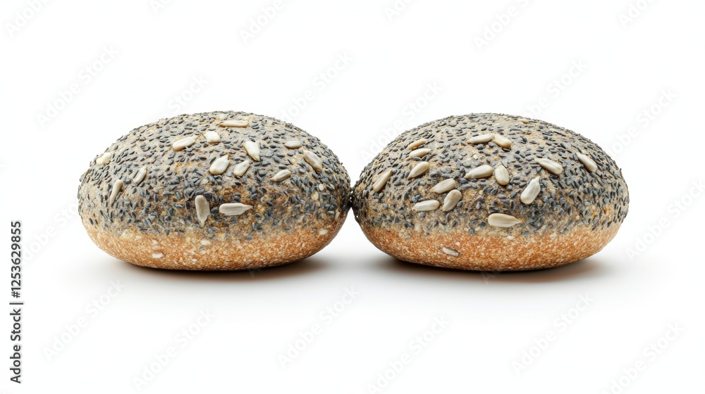 Pair of Freshly Baked Wholegrain Bread Rolls Topped with Seeds on a White Background Pair of Freshly Baked Wholegrain Bread Rolls Topped with Seeds on a White Background