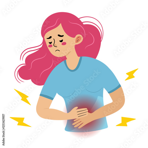 Woman has a pain in stomach belly area. Discomfort and illness filings. Medical treatment and therapy