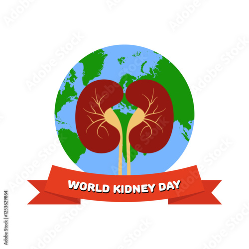World Kidney Day awareness. Kidney cartoon with world 
