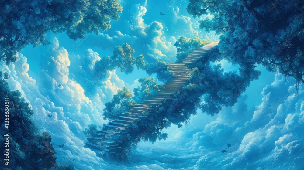 Fototapeta premium A sky filled with fractured and floating tree branches, with staircases emerging from cracked clouds, leading to nowhere, surrounded by fragmented shapes.