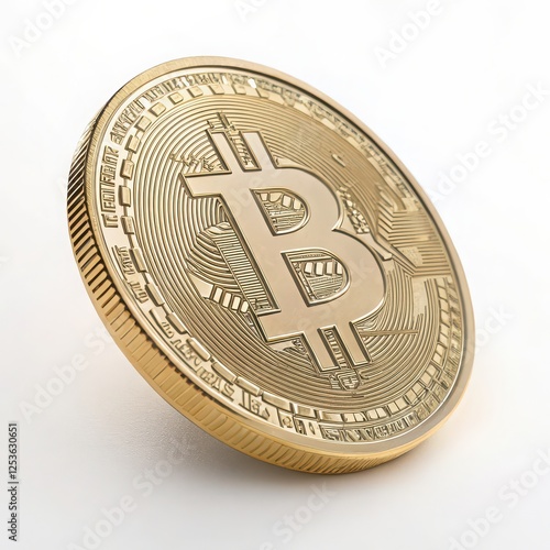 Close-Up of a Detailed Bitcoin Coin in Shimmering Gold Finish on a White Background, Ideal for Representing Cryptocurrency Themes, Digital Investment, and Modern Finance Concepts 