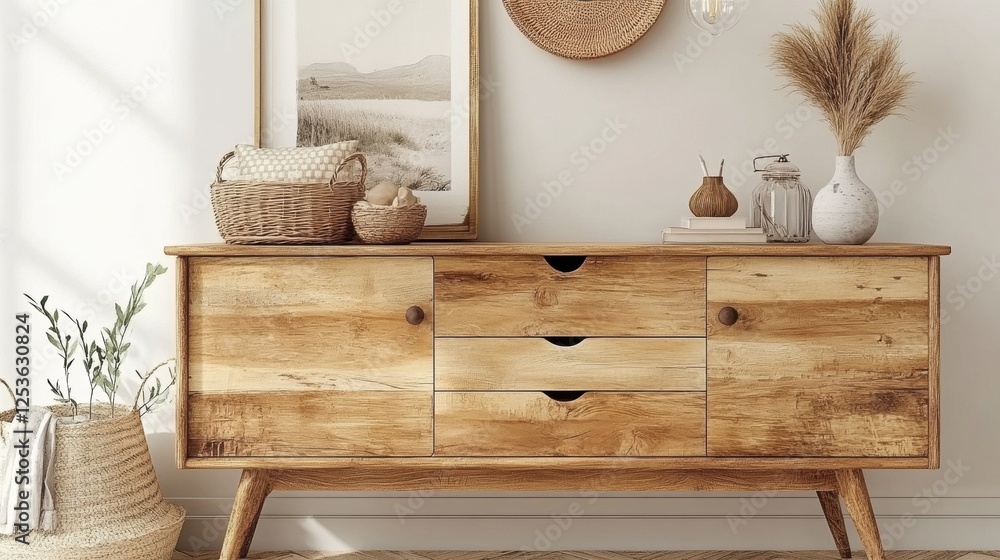 Stylish Wooden Sideboard with Decorative Items and Plants in a Bright Cozy Living Room Stylish Wooden Sideboard with Decorative Items and Plants in a Bright Cozy Living Room