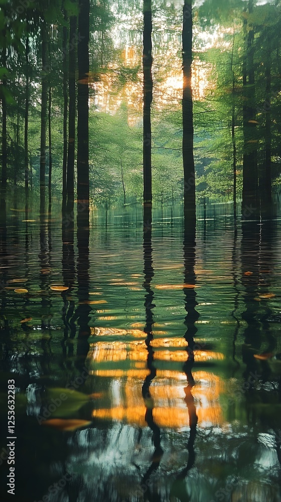 Obraz premium A blurred forest reflection on a still water surface.