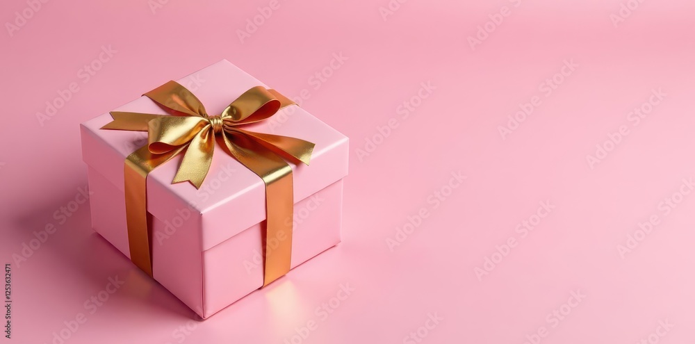 Obraz premium Pastel pink gift box wrapped with metallic gold ribbon, gift box, decorative
