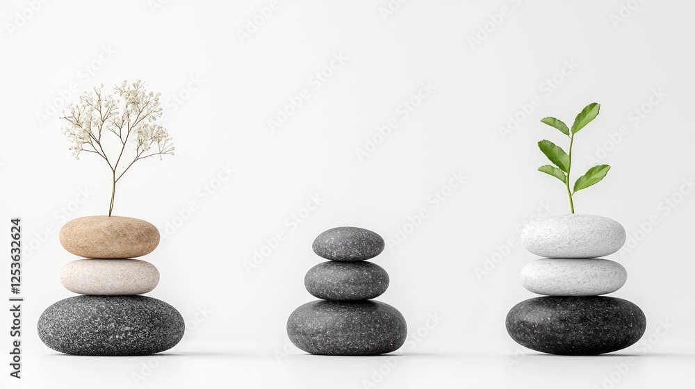 Zen stones with plants on white background Zen stones with plants on white background