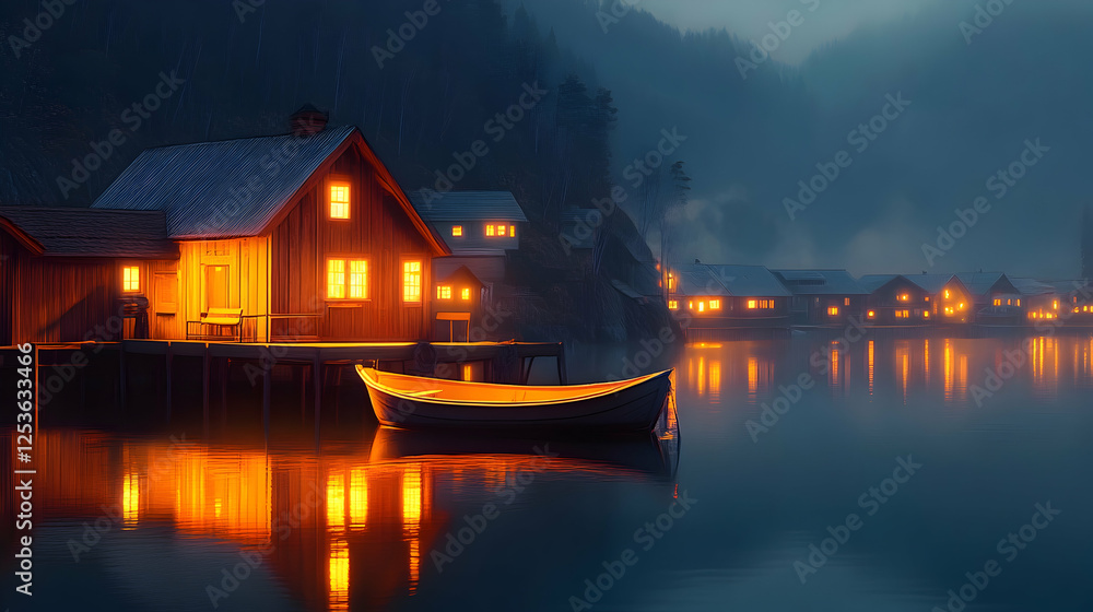 Cozy lake village at night, with illuminated houses reflected in calm water and misty mountains, perfect for travel and peaceful scenery Cozy lake village at night, with illuminated houses reflected in calm water and misty mountains, perfect for travel and peaceful scenery