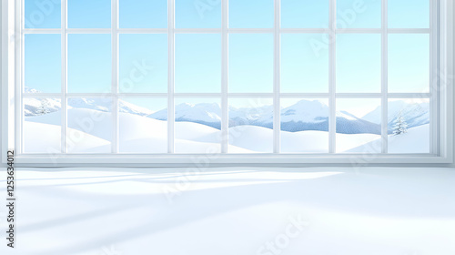 Empty room with winter landscape view through window. Background shows snow covered mountains, perfect for showcasing products