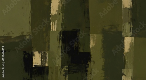 Military camouflage abstract painting, olive green and khaki brush strokes, textured army pattern background, artistic camouflage canvas texture