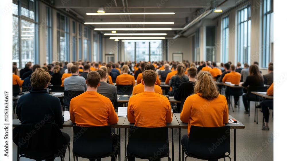 Obraz premium Entrepreneurship 101. Large group of individuals in orange uniforms seated in a modern classroom.