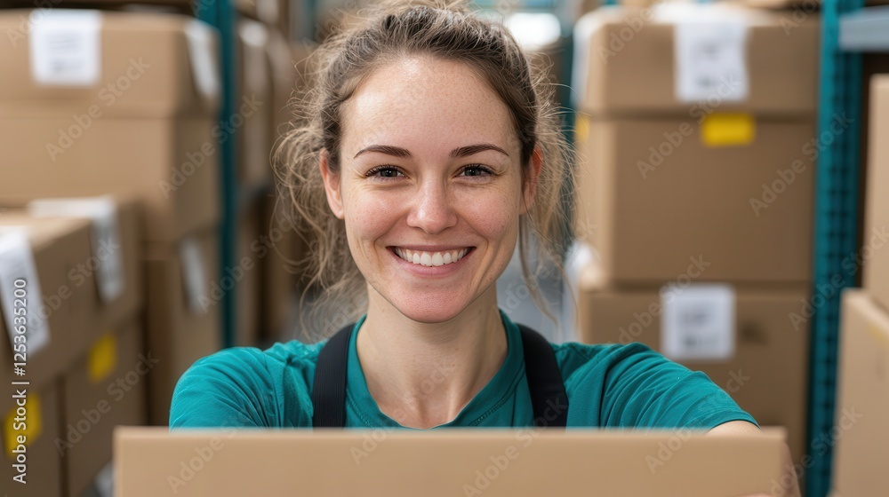 Entrepreneurship 101. Smiling woman holding a box in a warehouse setting. Entrepreneurship 101. Smiling woman holding a box in a warehouse setting.
