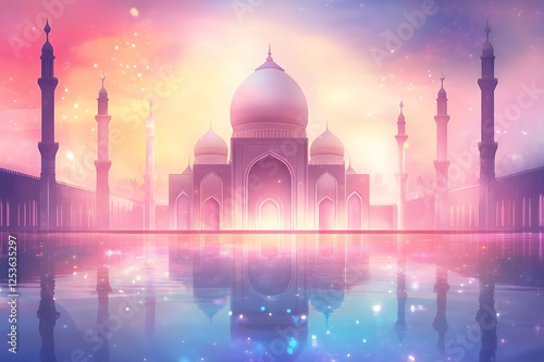 Majestic Mosque Reflecting in Tranquil Waters at Sunset photo