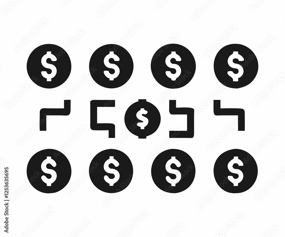 Simple Black and White Dollar Icons with Directional Arrows for Financial Transactions Simple Black and White Dollar Icons with Directional Arrows for Financial Transactions
