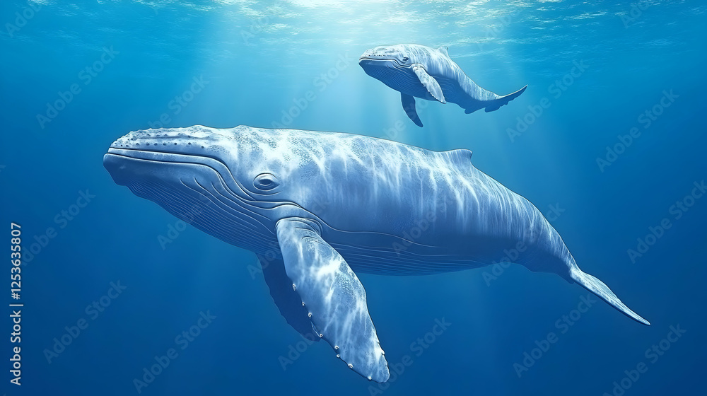 Naklejka premium Humpback whale family swimming underwater in blue ocean lit by sun. Ideal for marine life or environmental campaign illustrations